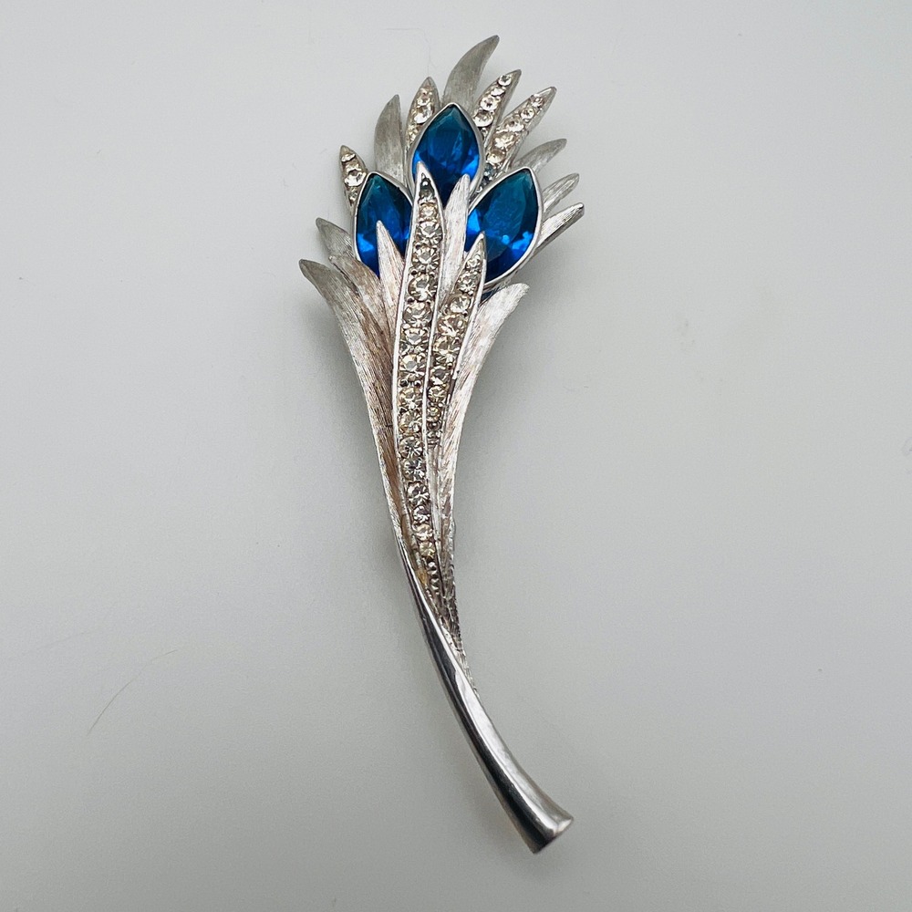 Vintage Blue Rhinestone Wheat Stalk Brooch Floral Spray Silver Tone Pin